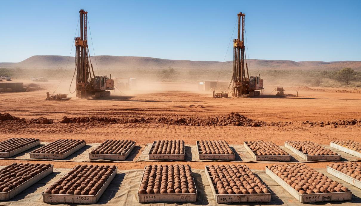 Промышленная буровая установка на фоне пустынного пейзажа и красной почвы в Западной Австралии.