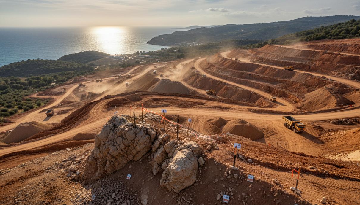 Подготовка земельного участка под строительство рудника в горной местности у побережья Алжира