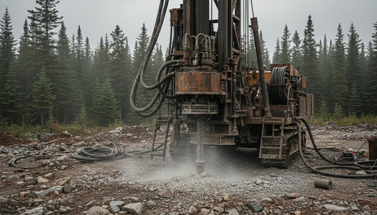 Буровая установка на разведочной площадке месторождения полезных ископаемых на фоне леса