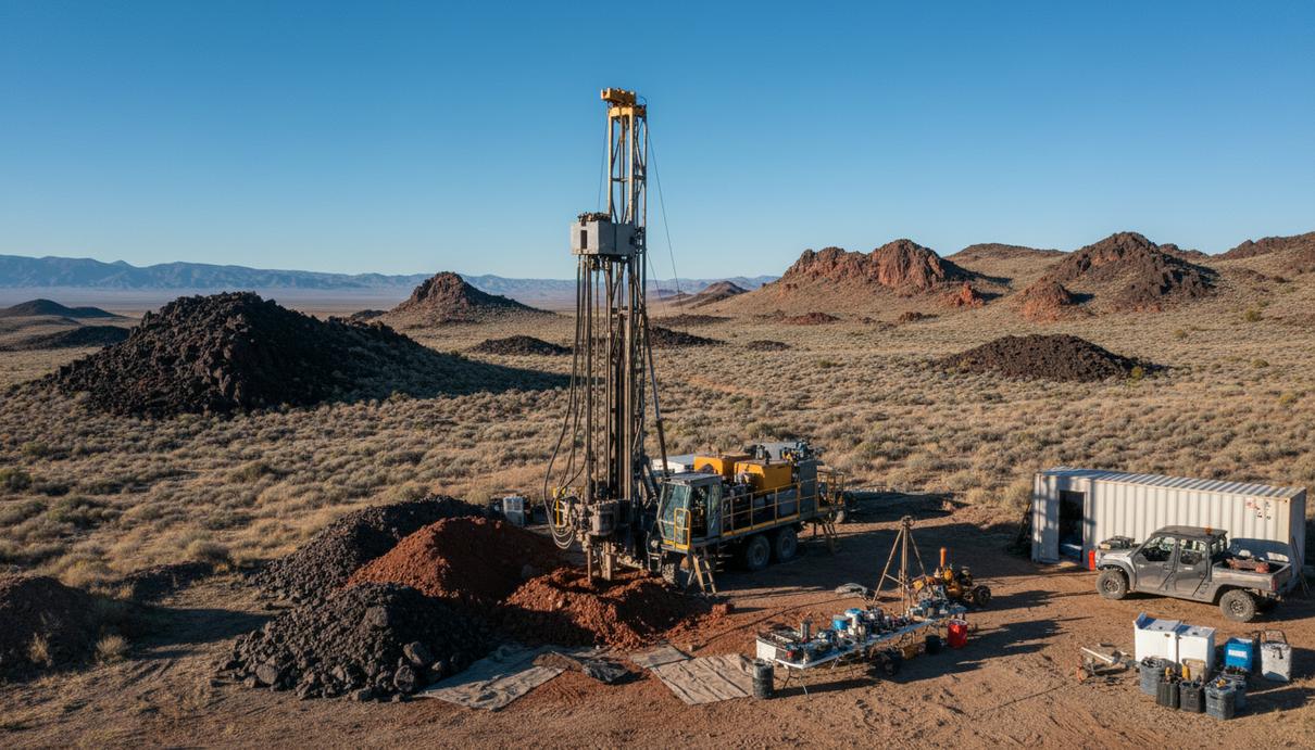 Буровая установка в пустыне Невады на фоне скалистых холмов и ясного неба.