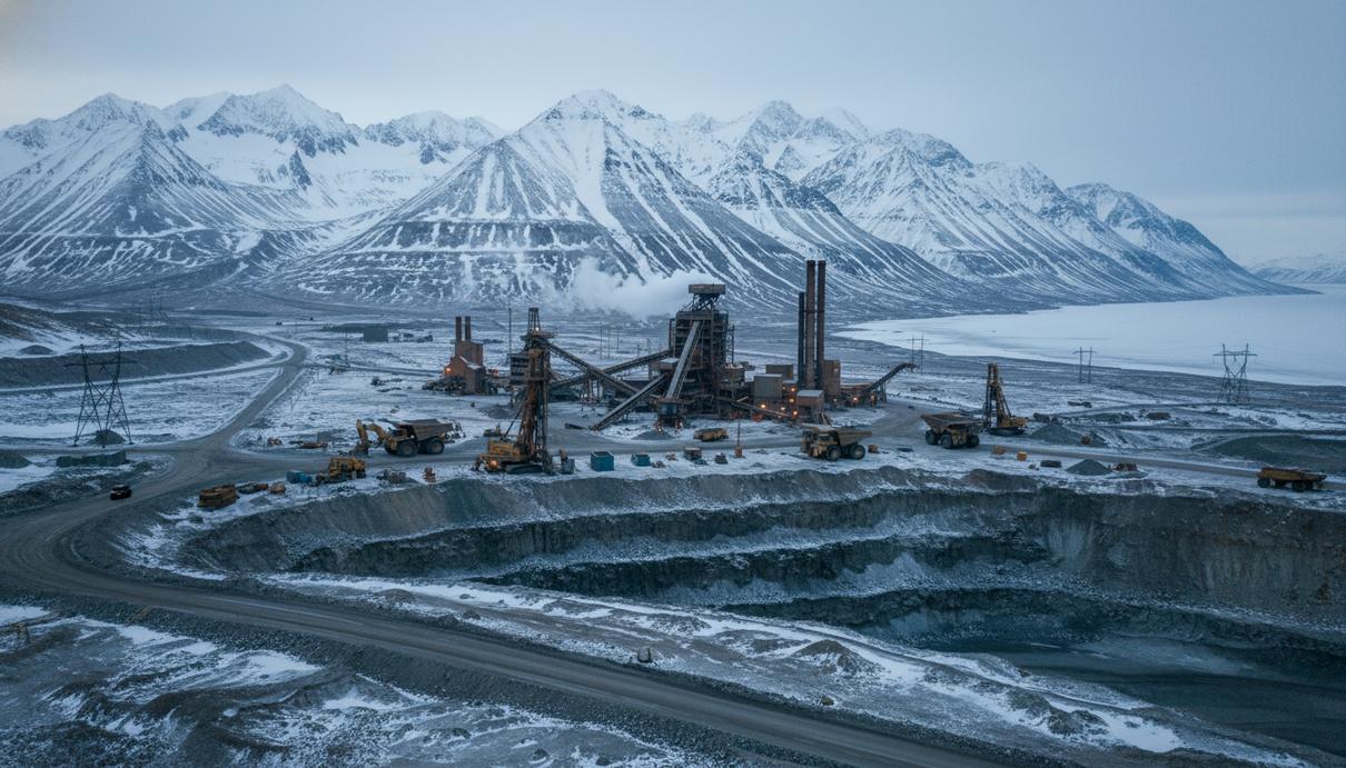 Промышленный карьер по добыче полезных ископаемых у подножия заснеженных гор в Гренландии