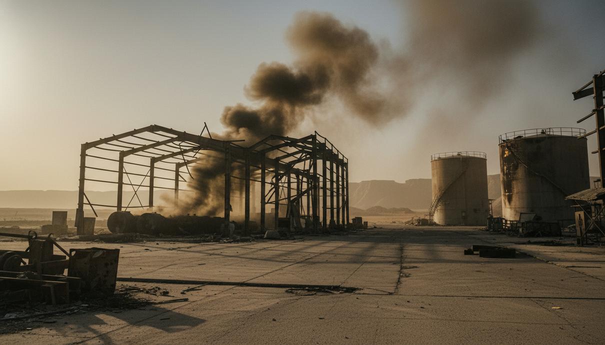 Поврежденные промышленные цеха и дымящиеся металлоконструкции алюминиевого завода в пустынной местности.