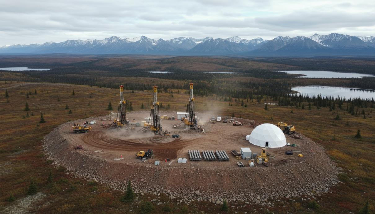 Буровая установка на скалистом плато в горах Юкона на фоне северной тундры