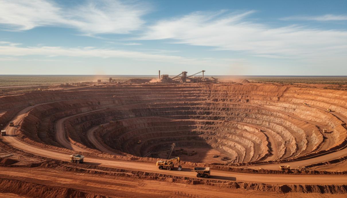 Масштабный ступенчатый карьер по добыче железной руды в пустынной местности