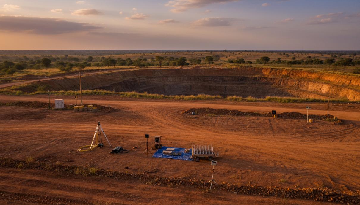 Участок геологоразведки на месторождении золота в Гвинее с оборудованием на фоне красной почвы