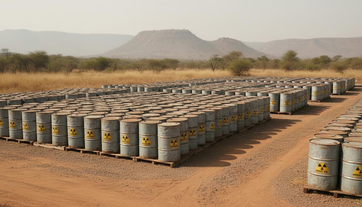 Ряды герметичных металлических бочек на деревянных поддонах на фоне засушливого пейзажа в Африке