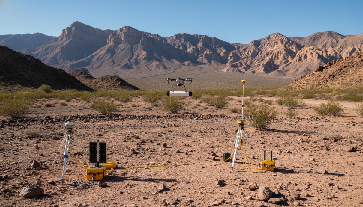 Пустынный горный пейзаж в штате Сонора с оборудованием для геологоразведки и беспилотником в небе