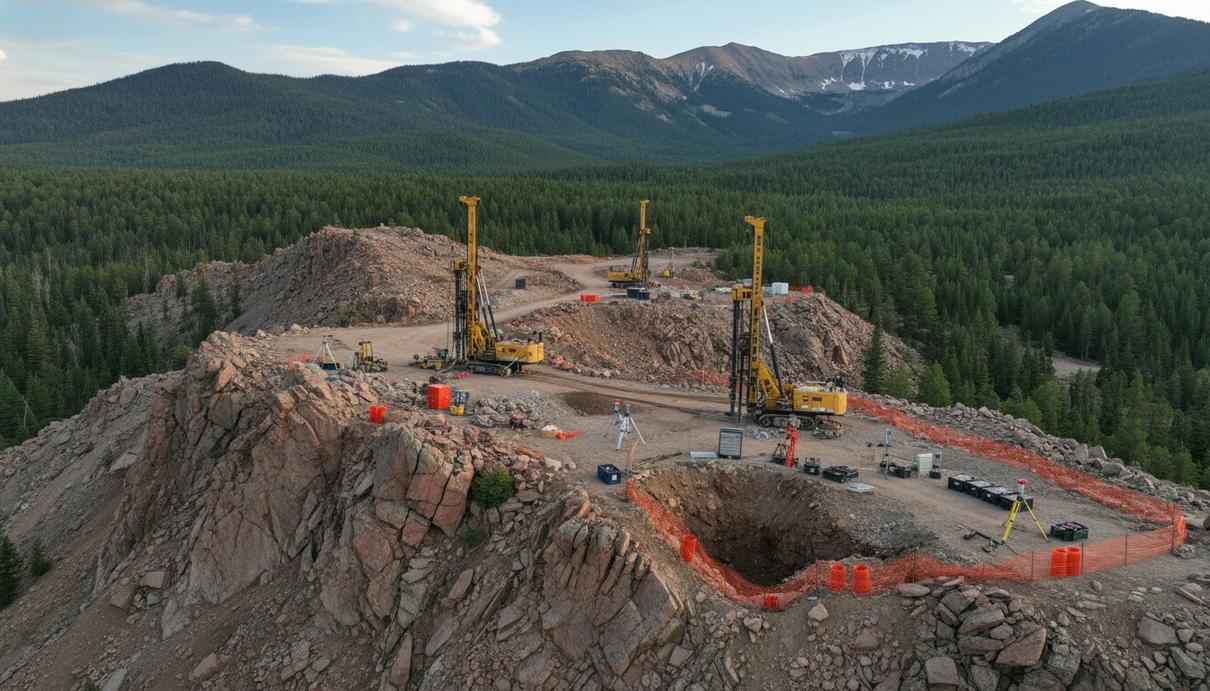 Территория геологоразведки месторождения редкоземельных металлов в горах Монтаны с буровым оборудованием