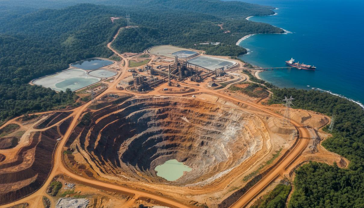 Аэрофотосъемка промышленного комплекса по добыче золота на побережье тропического острова.