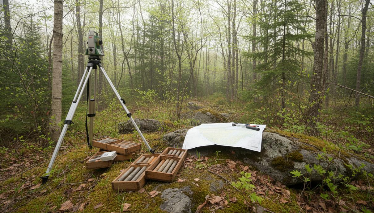 Antimony Resources начала подготовку к лицензированию проекта Болд-Хилл Геодезическое оборудование на штативе и ящики с образцами керна в лесистой местности весной.