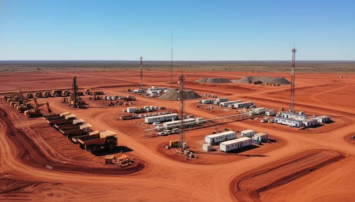 Площадка золоторудного месторождения в Западной Австралии с административными модулями и техникой.