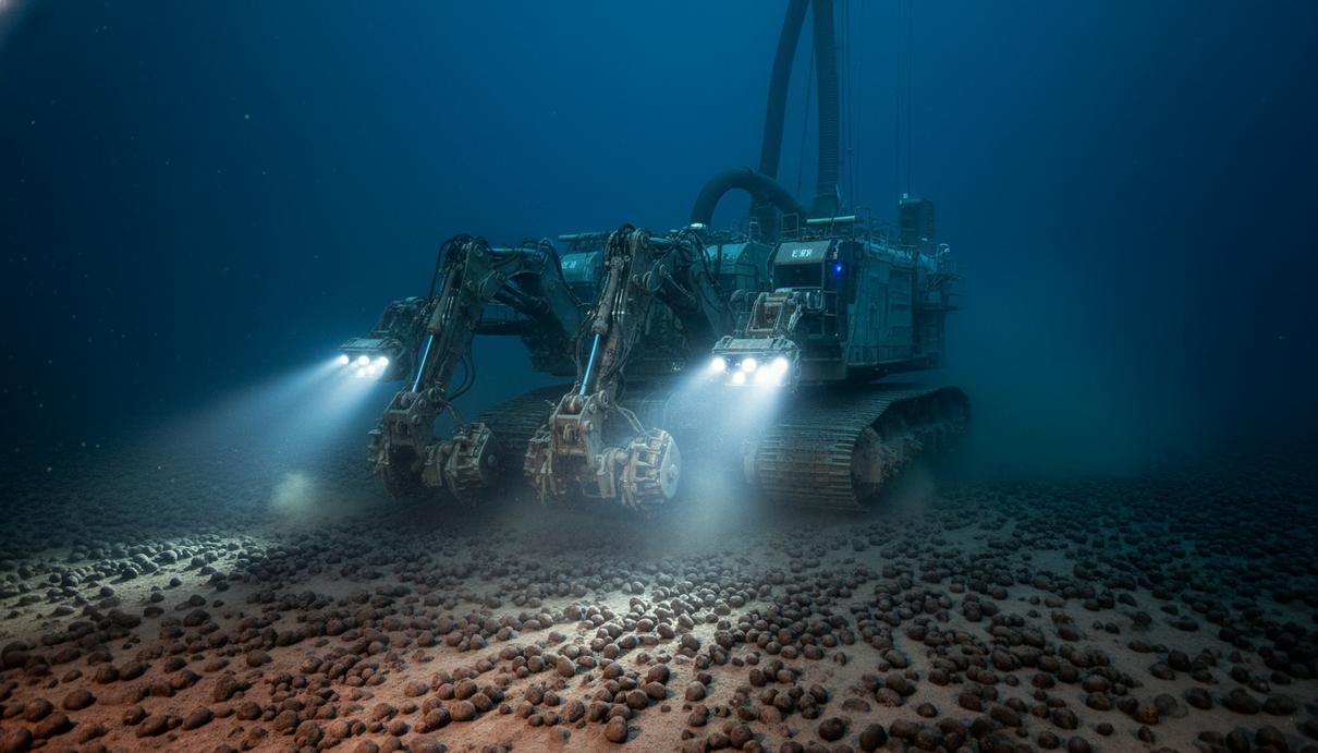 AOMC и Odyssey Marine создают компанию стоимостью 1 млрд долларов Глубоководный аппарат собирает полиметаллические конкреции на дне океана в свете прожекторов