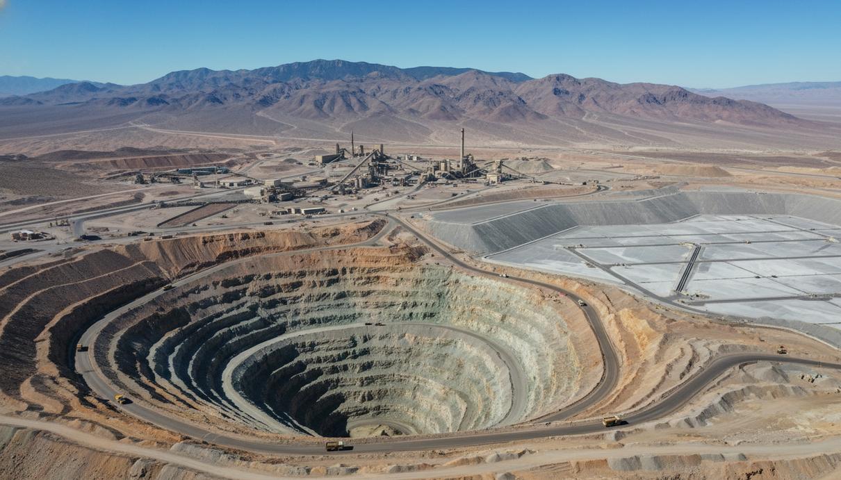 Золотодобывающий карьер в Неваде с террасами выработки, промышленными площадками и горами на горизонте