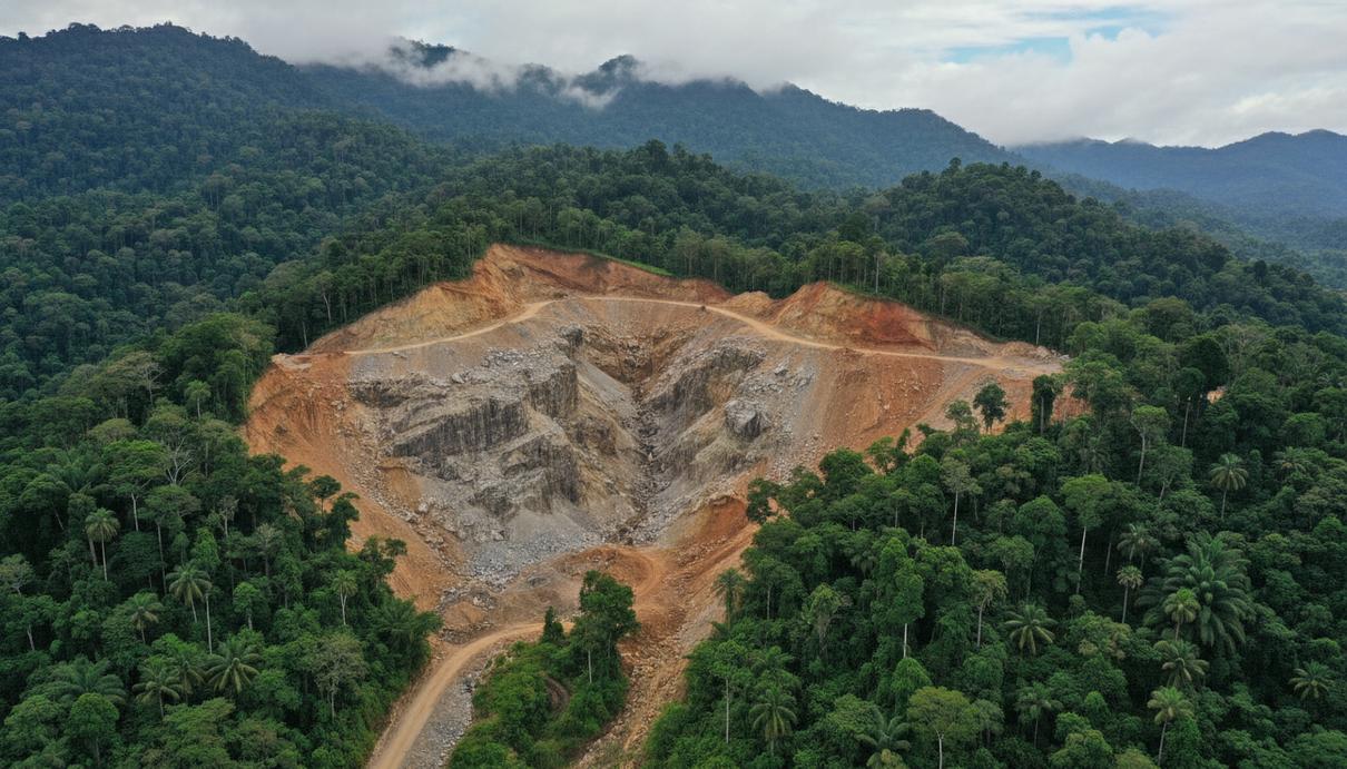 Горный ландшафт в Никарагуа с геологическими траншеями и обнажениями горных пород на месте разведки.