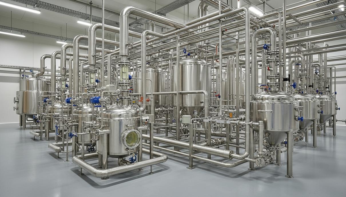 Ряды стальных резервуаров и сеть трубопроводов в цехе промышленного предприятия по переработке руды.