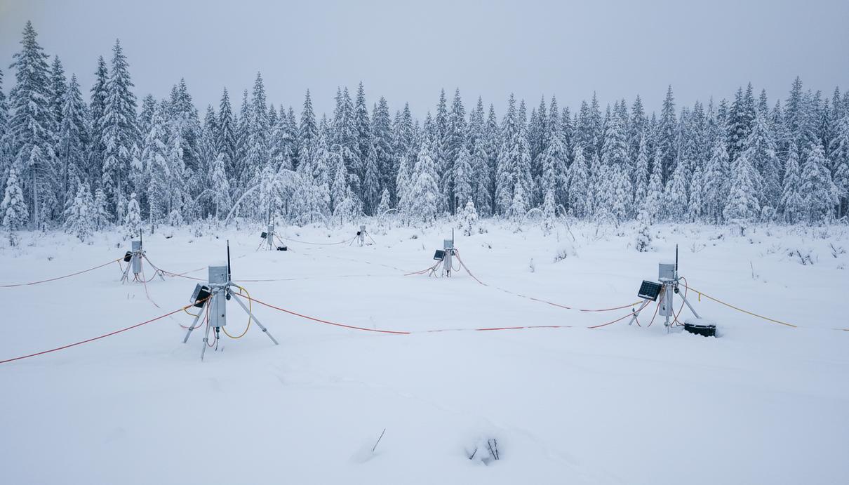 J2 Metals начала геофизические исследования на полиметаллическом проекте в Квебеке Геофизические датчики и кабели, развернутые на заснеженной лесной просеке для поиска полезных ископаемых