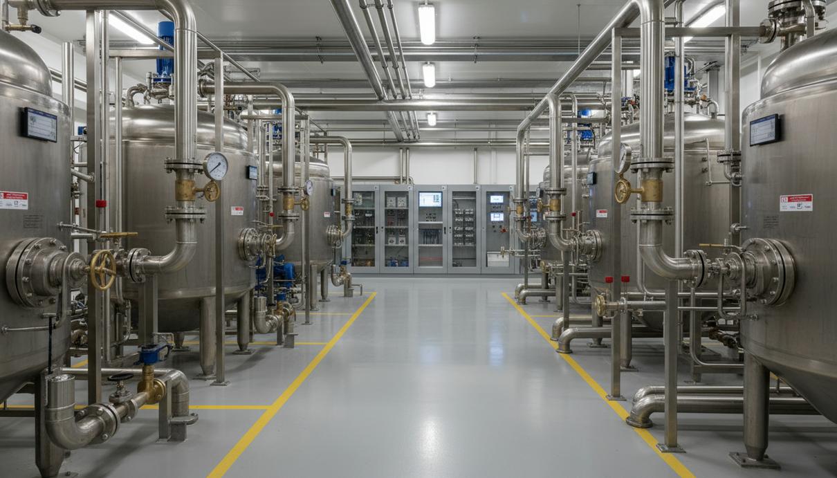 Промышленная линия экстракции металлов со стальными резервуарами и системой трубопроводов в цеху