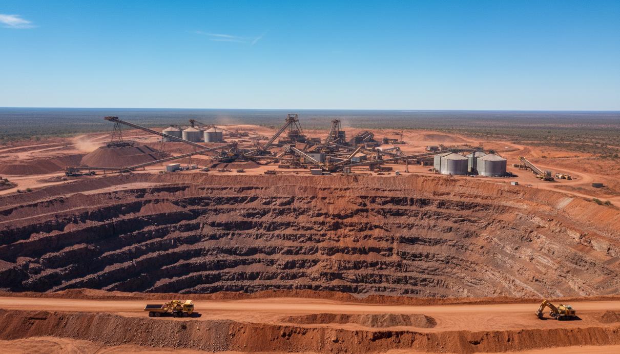 США и Австралия инвестируют 3,5 млрд долларов в добычу редких металлов Промышленный ландшафт горнодобывающего карьера в Западной Австралии с перерабатывающим комплексом и конвейерами.
