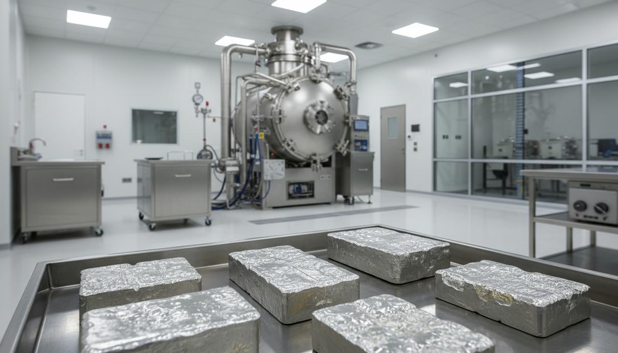 Слитки металлического иттрия и промышленное оборудование для плавки металлов в чистом цехе.