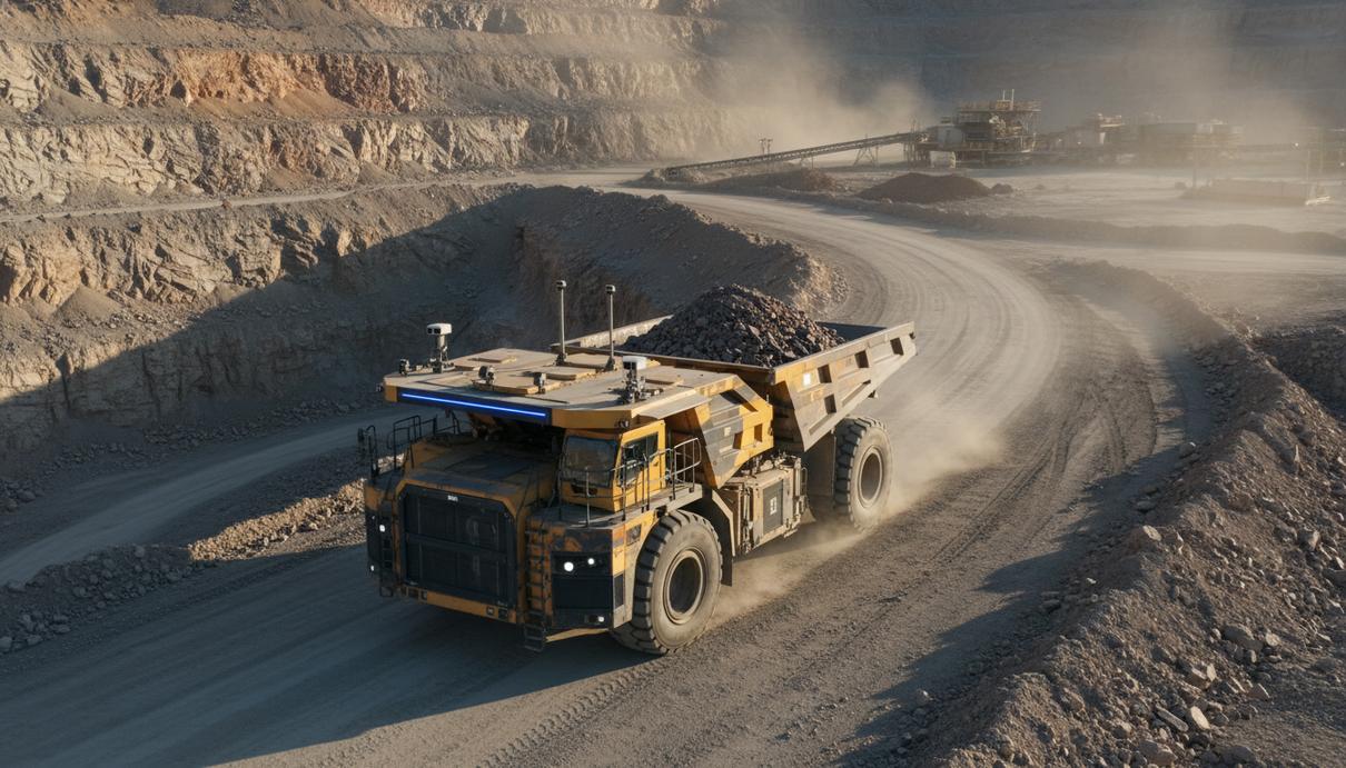 MMD Group приобрела права на технологию автоматизации перевозок «TraxIQ» Автономная транспортная машина на дороге в карьере среди скальных уступов и горной техники.