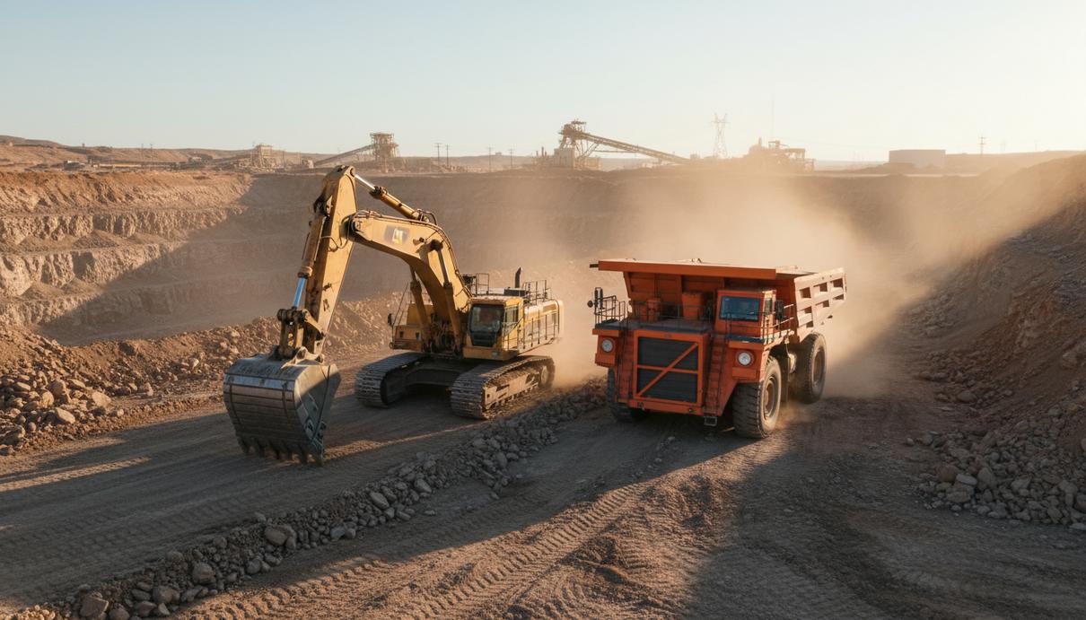 Tocvan Ventures увеличивает парк техники на золотом проекте в Мексике Тяжелый экскаватор и карьерный самосвал на открытой горной выработке в пустынной местности Мексики
