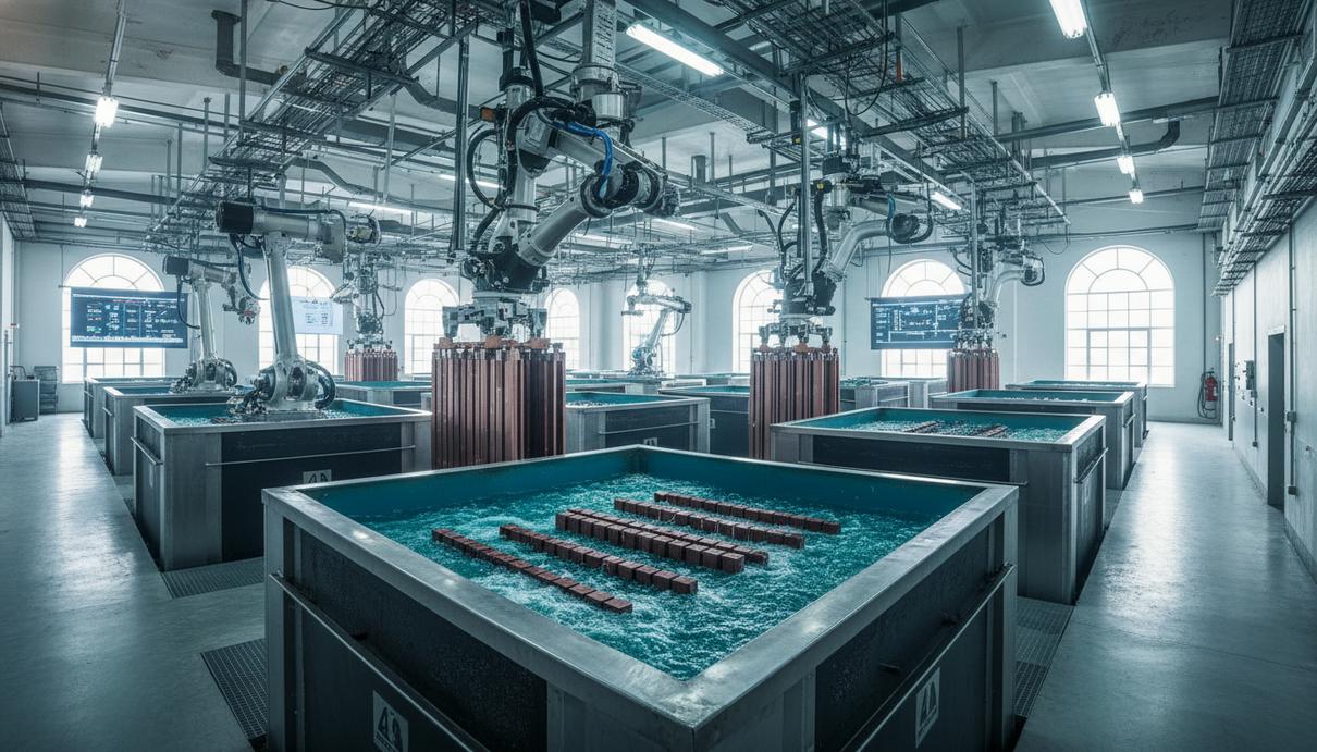 Промышленный интерьер современного завода по очистке меди с электролизными ваннами и роботами