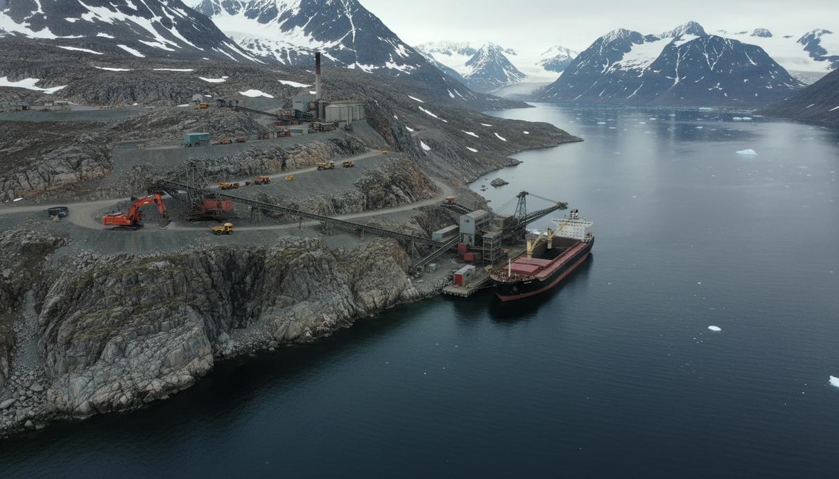Горнодобывающее оборудование и промышленные объекты на скалистом берегу гренландского фьорда.