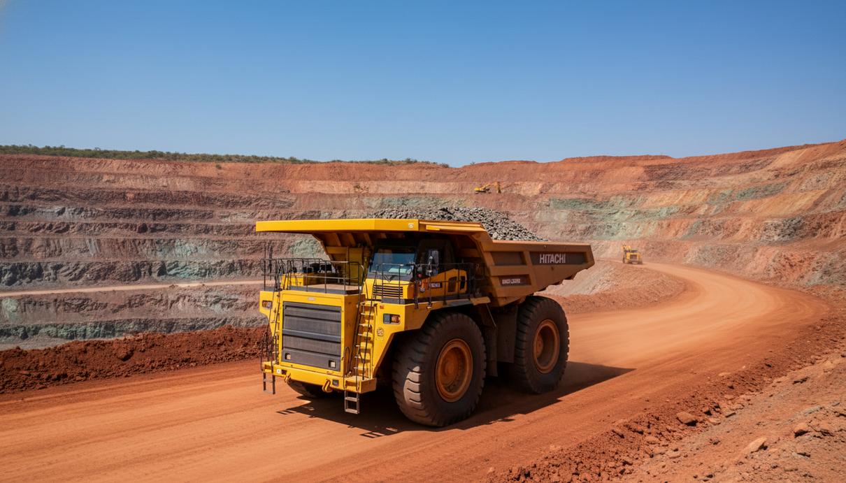 Желтый карьерный электросамосвал на территории открытого рудника в Замбии с красным грунтом и небом