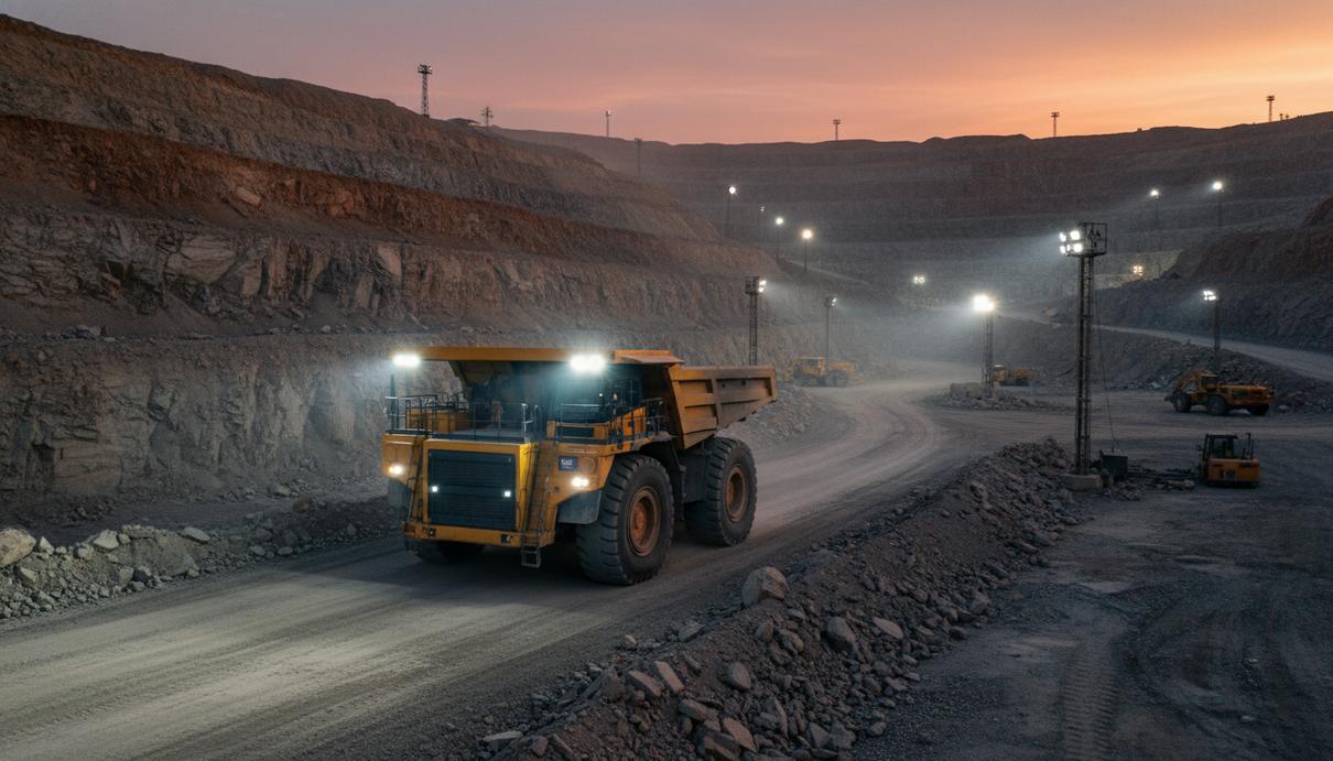 Массивный беспилотный карьерный самосвал перевозит породу на фоне террас открытого горного разреза.