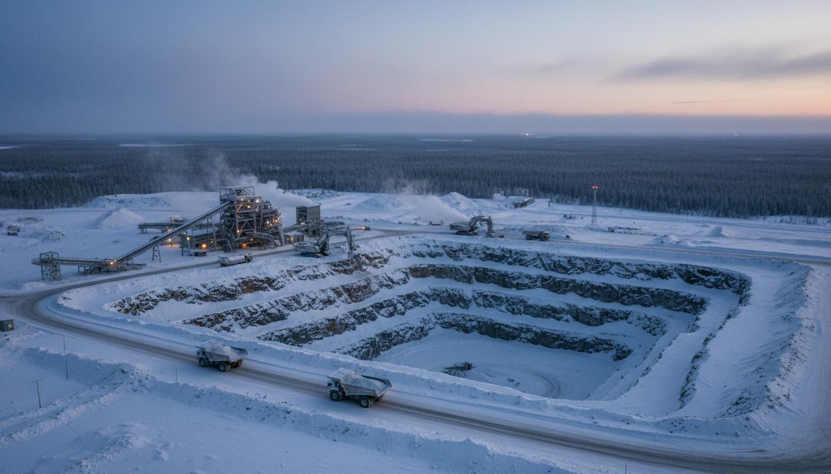 Промышленный комплекс и открытый карьер золотодобывающего рудника в заснеженной арктической тундре Лапландии.