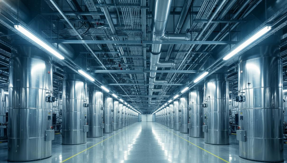 Ряды стальных центрифуг и инженерные коммуникации внутри цеха по обогащению урана.