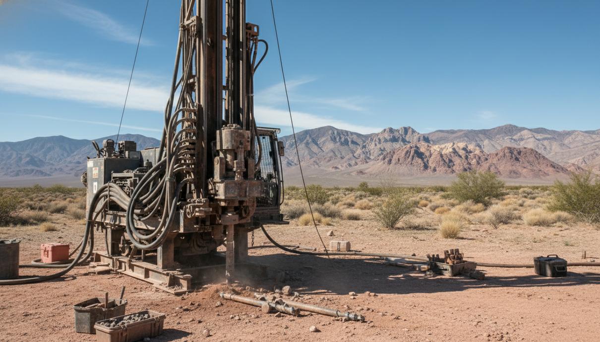 Буровая установка для колонкового бурения в пустынной местности штата Невада на фоне гор.