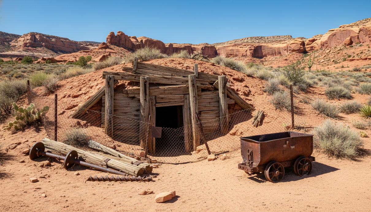 Вход в старую шахту с деревянными креплениями среди красных скал и пустынной растительности