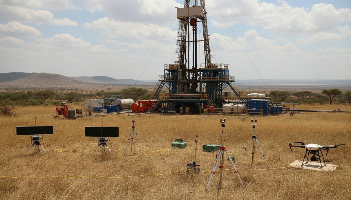Буровая установка и оборудование для геологоразведки в саванне бассейна Руква в Танзании