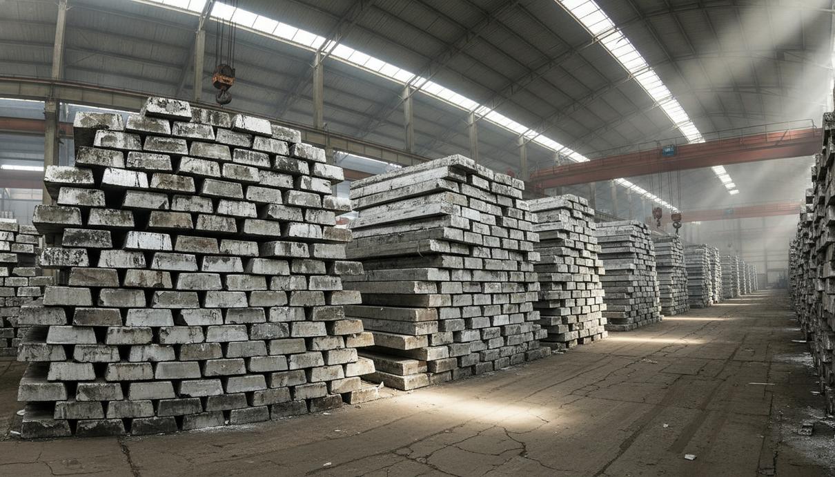 Массивные штабеля алюминиевых слитков в промышленном складском помещении