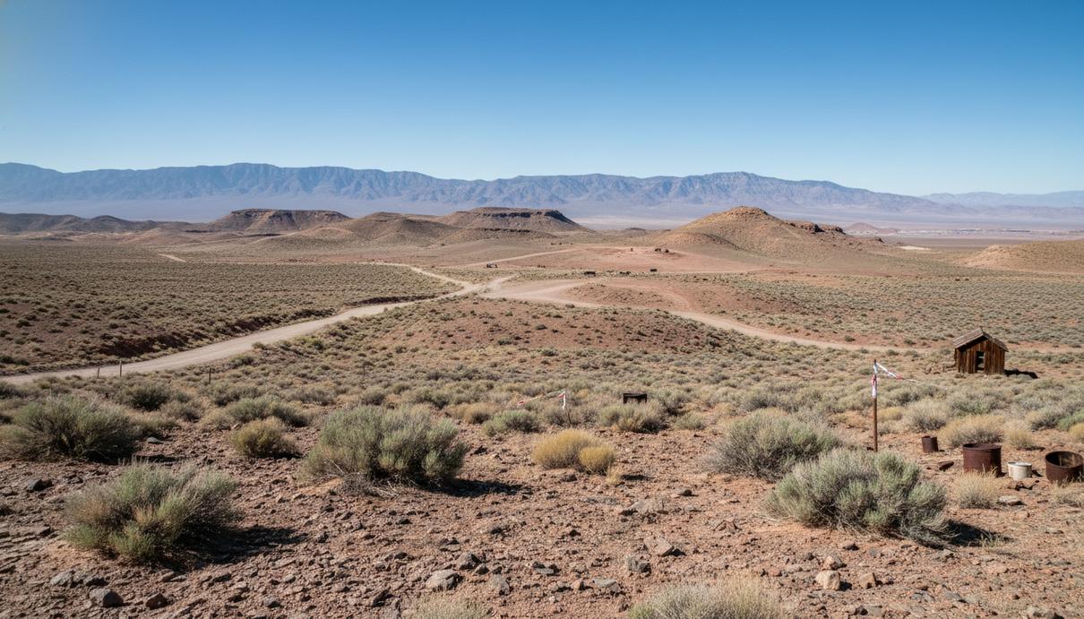 Пустынный горный ландшафт в Неваде с грунтовой дорогой, ведущей к участкам разведки вольфрама.