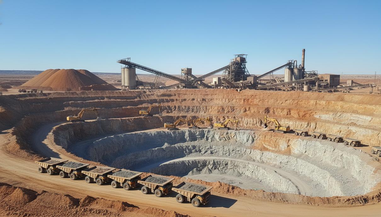 Крупный промышленный карьер с уступами и техника для транспортировки добытой руды на фоне завода