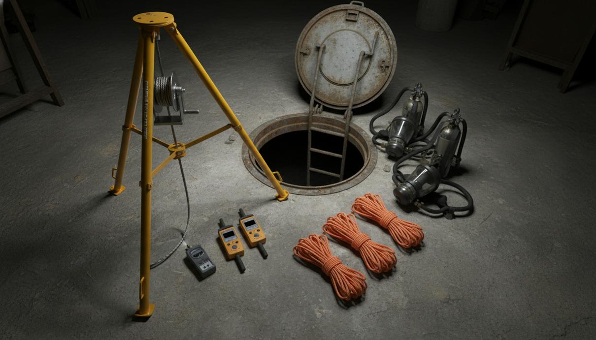 Металлическая тренога с лебедкой и спасательное оборудование у входа в подземную шахту