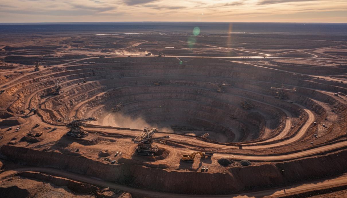 Панорамный вид на масштабный ступенчатый карьер по добыче металлов с тяжелой промышленной техникой