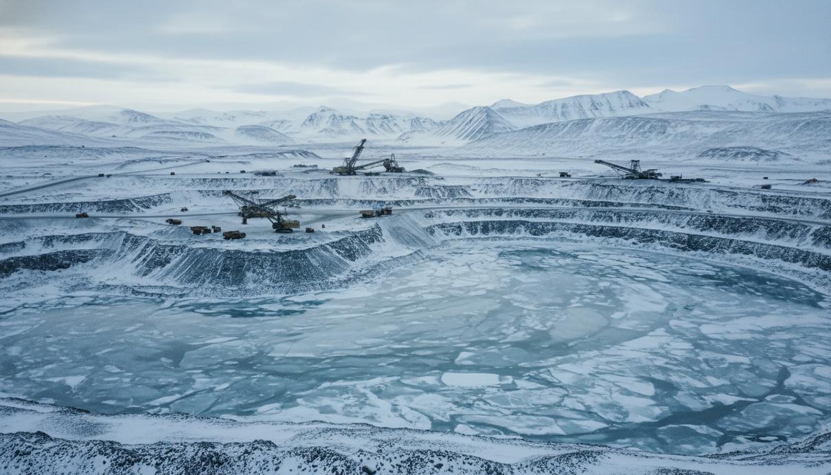Открытый горный карьер в заснеженной тундре среди скалистых гор и ледяных пустошей