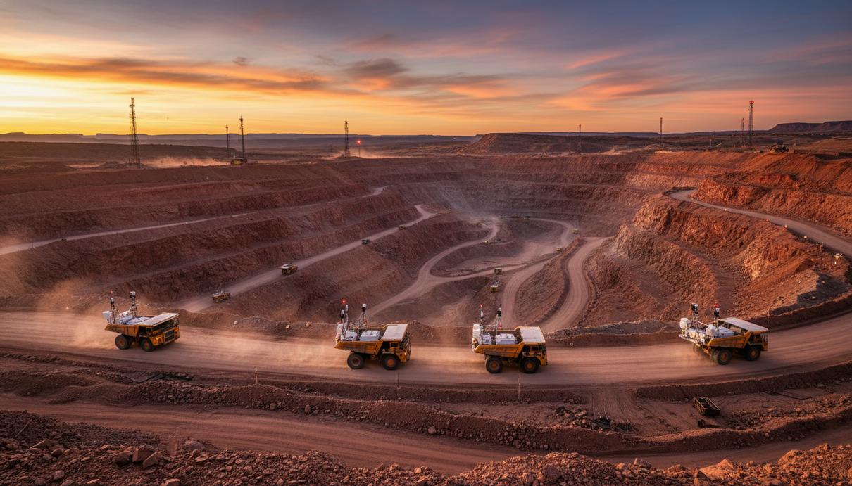 Открытый медный карьер в Юте с беспилотными самосвалами на фоне красных скал в лучах заката.