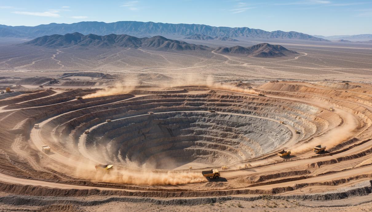 Панорамный вид на открытый золотодобывающий карьер в Неваде с террасами и горной техникой на фоне гор