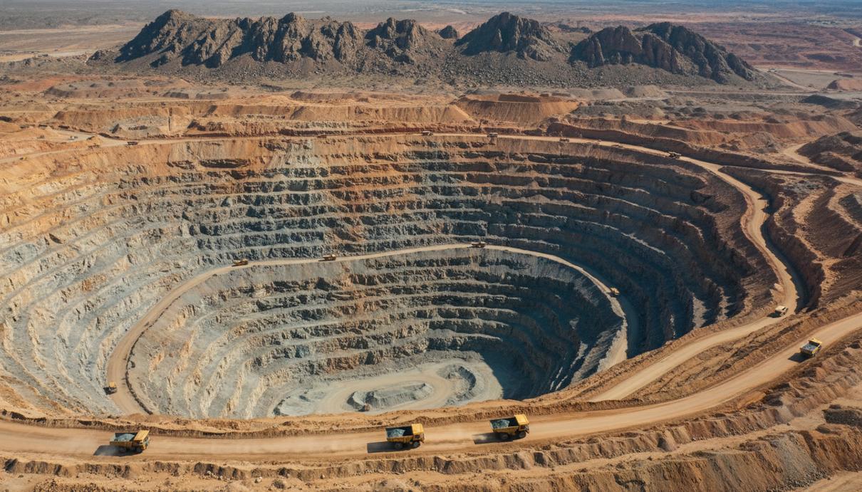 Вид сверху на крупный карьер с промышленными террасами, горнодобывающей техникой и дорогами.