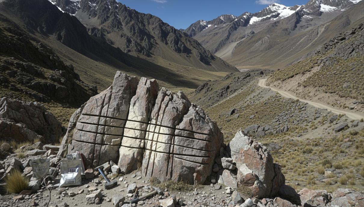 Каменные обнажения в горной местности Перу со следами геологической разведки и маркировкой зон отбора проб