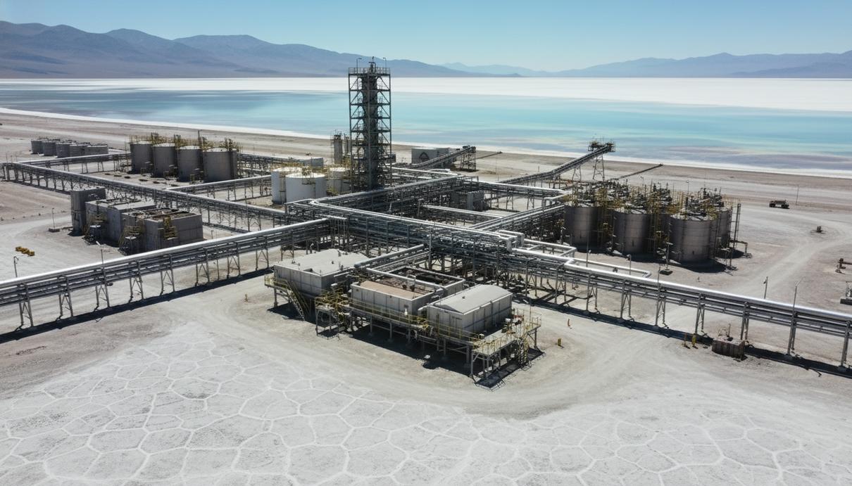 EnergyX построит предприятие по добыче лития в Юте за 400 млн долларов Промышленный комплекс с резервуарами и трубопроводами на берегу соляного озера на фоне гор