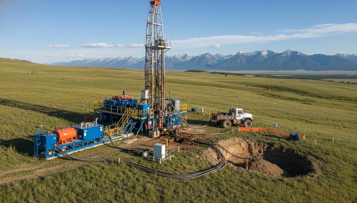 American Pacific Mining начинает бурение на медно-золотом проекте в Монтане Буровая установка на склоне холма в штате Монтана на фоне гор во время геологоразведочных работ