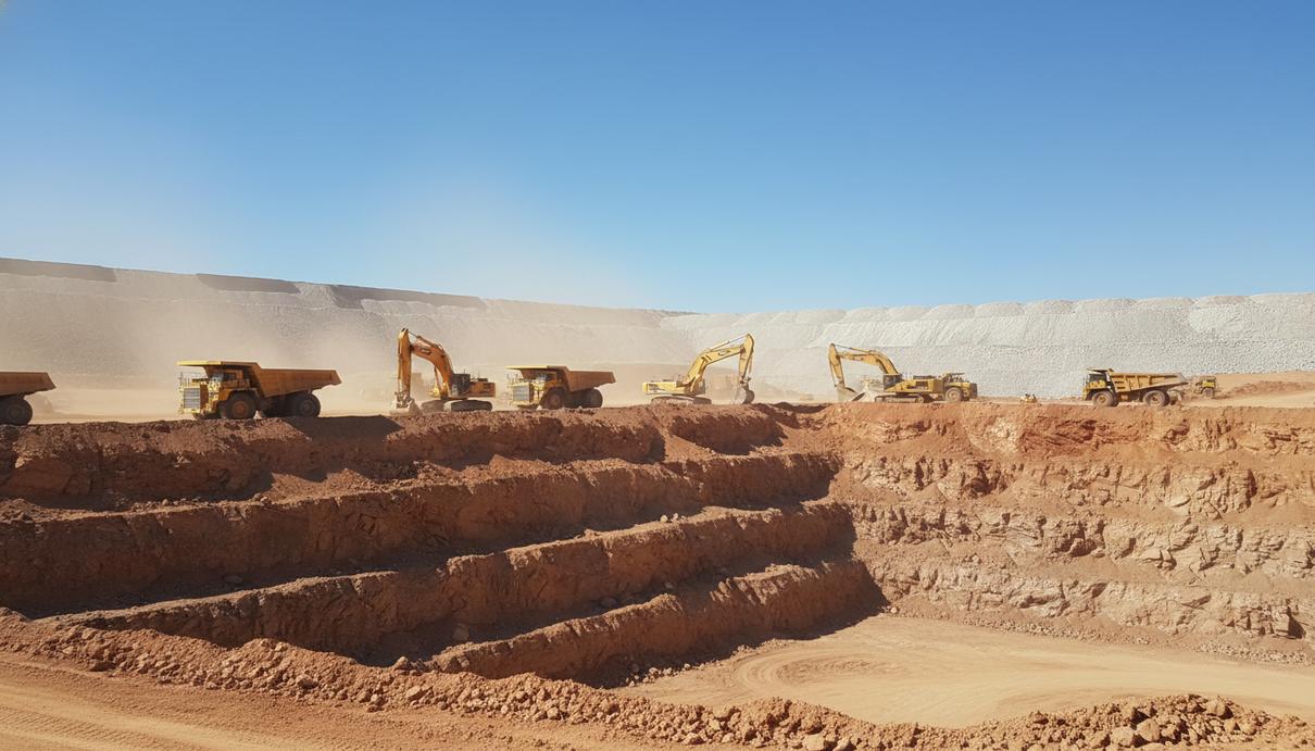 Orla Mining приостановила работу рудника Камино-Рохо в Мексике из-за забастовки Карьер золотодобывающего рудника с террасами, припаркованной карьерной техникой и горами на горизонте