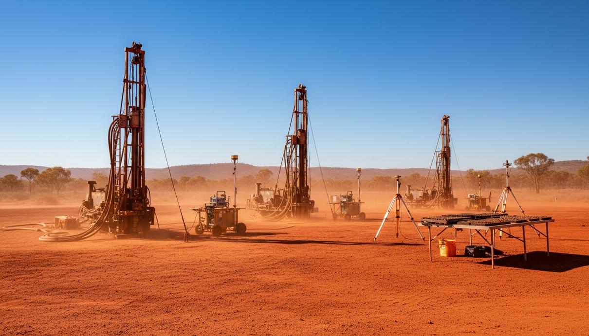 Aurelia Metals профинансирует золотомедный проект Кобар в Австралии Буровая вышка и геологоразведочное оборудование на фоне красной земли и холмов в австралийской пустыне.