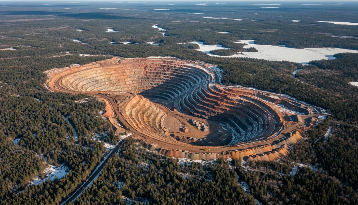 Аэроснимок карьера железорудного месторождения North Wind в канадской провинции Квебек, с красными породами и горнодобывающей техникой вдали.