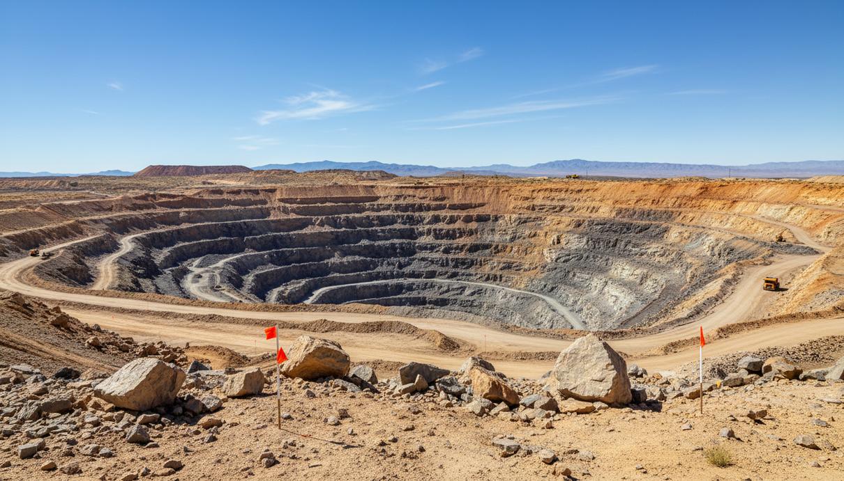 Western Star Resources начала геологоразведку на вольфрамовом проекте в США Скальные обнажения породы и открытая горная выработка в пустынном районе штата Нью-Мексико